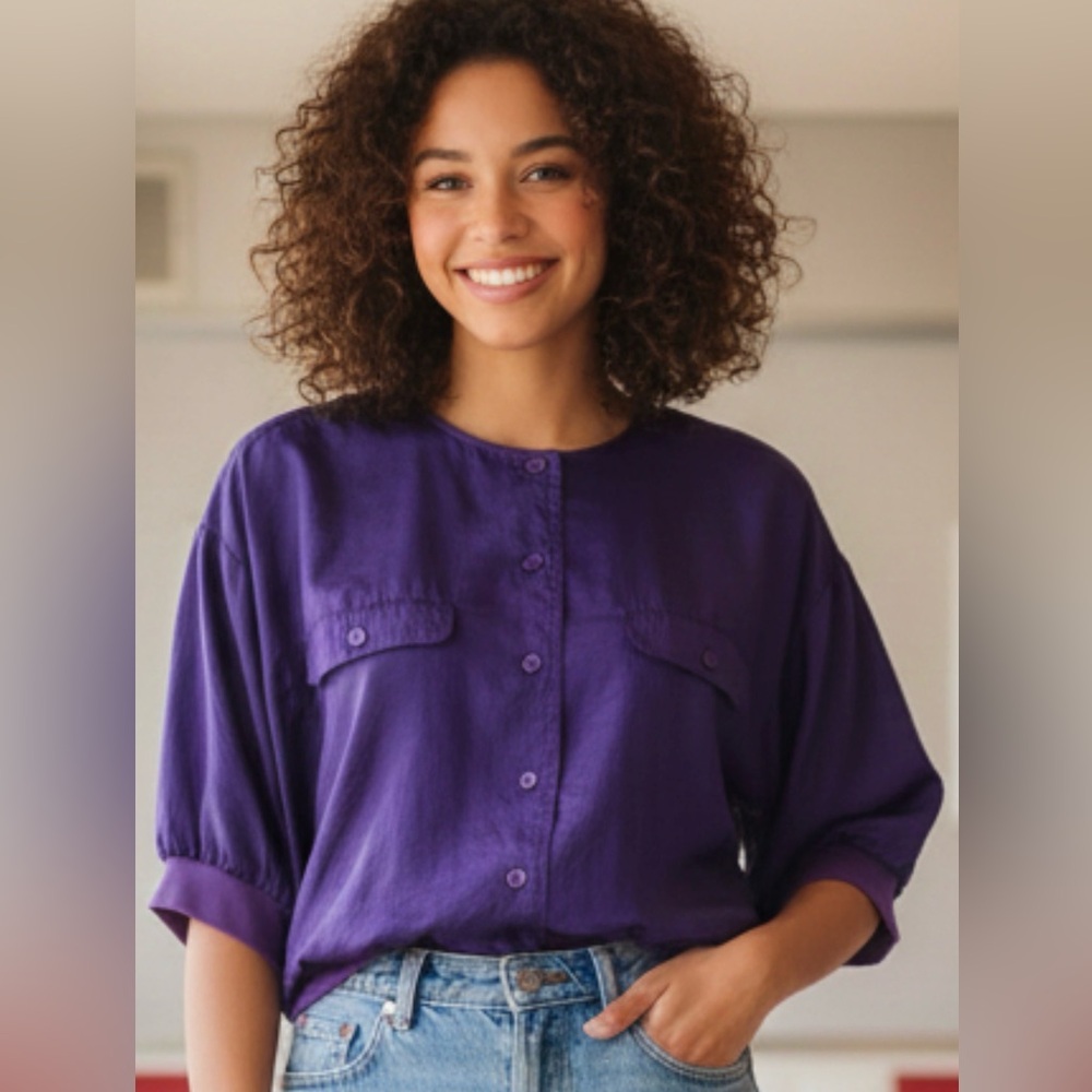 Vintage Josephine Purple Button-Up Lightweight Jacket L Polyester/Cotton Blend